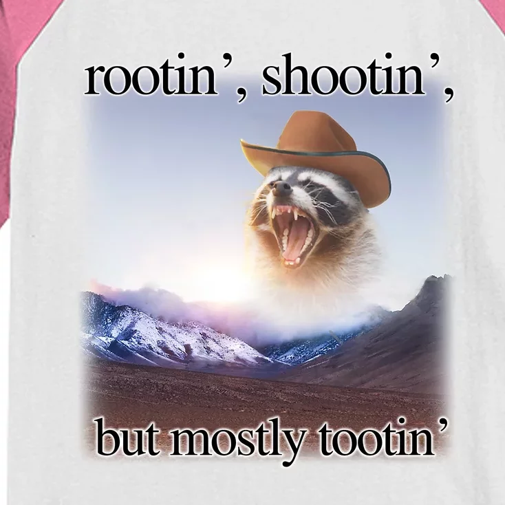 Rootin Shootin But Mostly Tootin Cowboy Raccoon Word Art Kids Colorblock Raglan Jersey