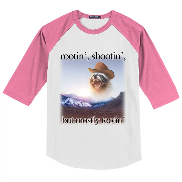 Rootin Shootin But Mostly Tootin Cowboy Raccoon Word Art Kids Colorblock Raglan Jersey