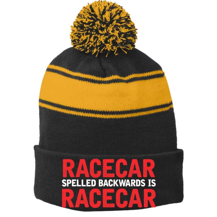 Racecar Spelled Backwards Car Drag Racing Lover Design Stripe Pom Pom Beanie