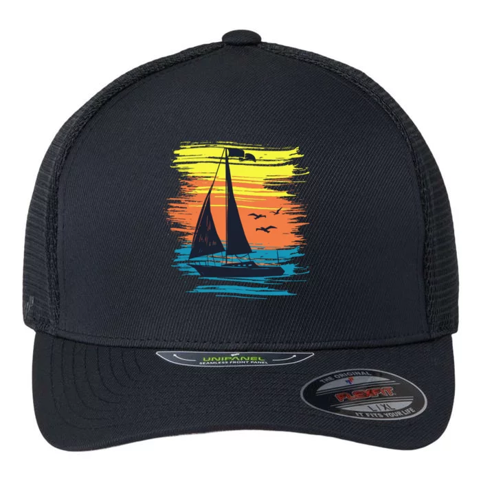 Retro Sail Boat Sailing Graphic Flexfit Unipanel Trucker Cap