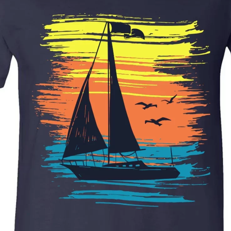 Retro Sail Boat Sailing Graphic V-Neck T-Shirt