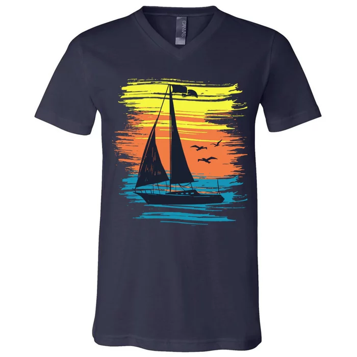 Retro Sail Boat Sailing Graphic V-Neck T-Shirt