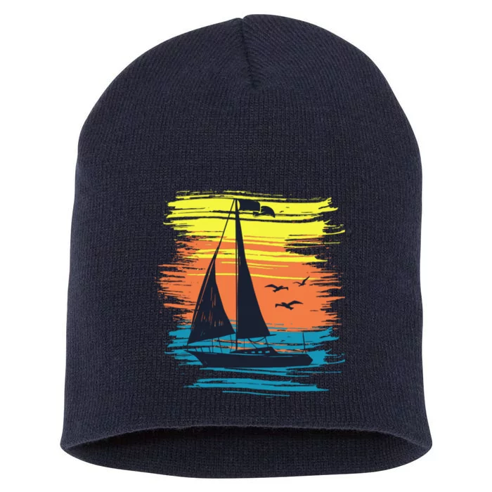 Retro Sail Boat Sailing Graphic Short Acrylic Beanie