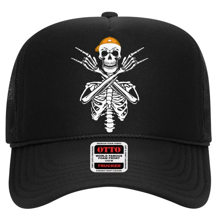 Rocker Skeleton Cap Skater Halloween Hand Rock High Crown Mesh Trucker Hat