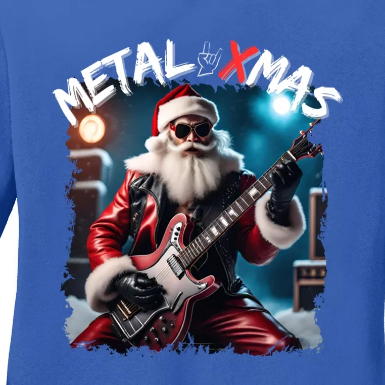 Rocker Santa Claus Merry Xmas Playing Rock Guitar Gift Ladies Long Sleeve Shirt