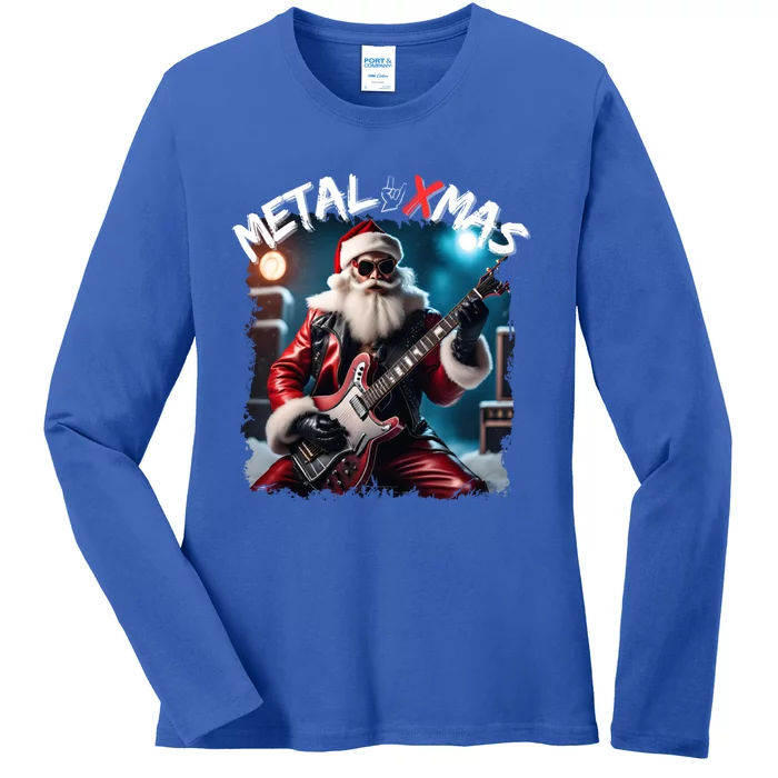 Rocker Santa Claus Merry Xmas Playing Rock Guitar Gift Ladies Long Sleeve Shirt