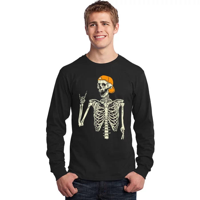 Rocker Skeleton Cap Skater Cool Halloween Punk Rock Long Sleeve Shirt