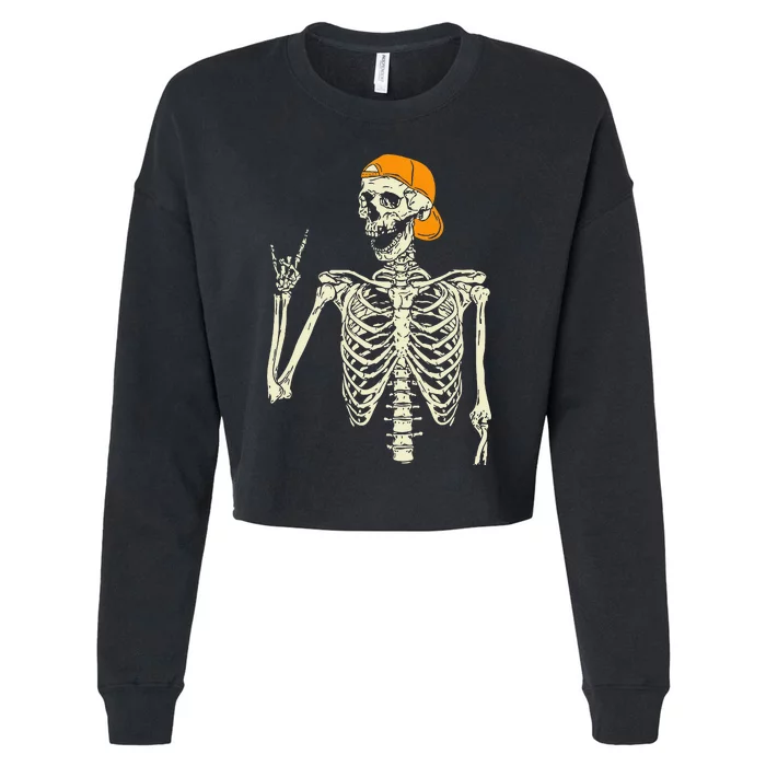 Rocker Skeleton Cap Skater Cool Halloween Punk Rock Cropped Pullover Crew