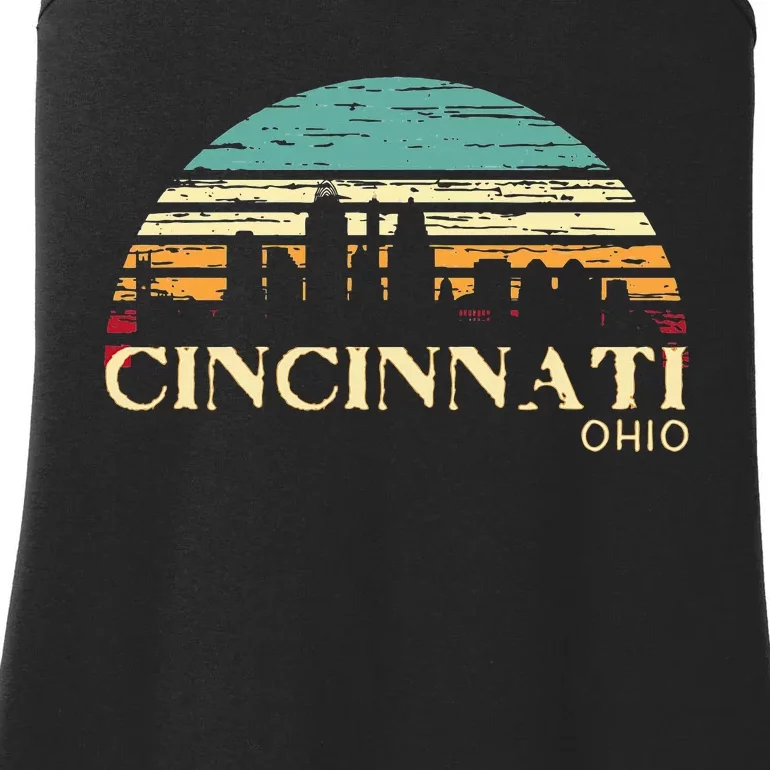 Retro Sunset Cincy Downtown Cincinnati Ohio Skyline Art Gift Ladies Essential Tank