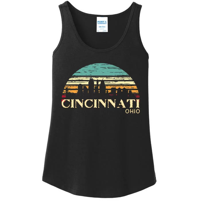 Retro Sunset Cincy Downtown Cincinnati Ohio Skyline Art Gift Ladies Essential Tank