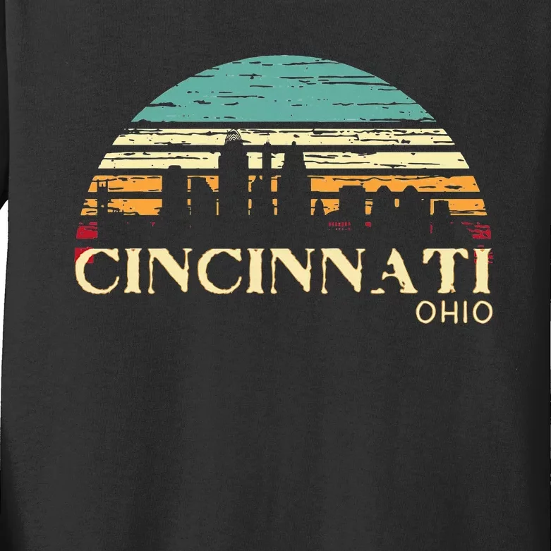 Retro Sunset Cincy Downtown Cincinnati Ohio Skyline Art Gift Kids Long Sleeve Shirt