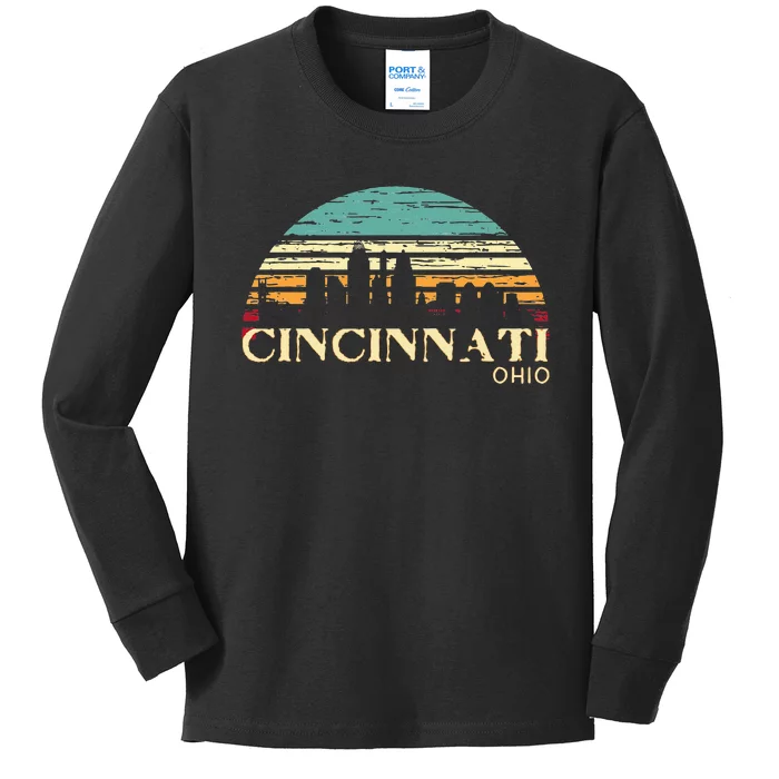 Retro Sunset Cincy Downtown Cincinnati Ohio Skyline Art Gift Kids Long Sleeve Shirt