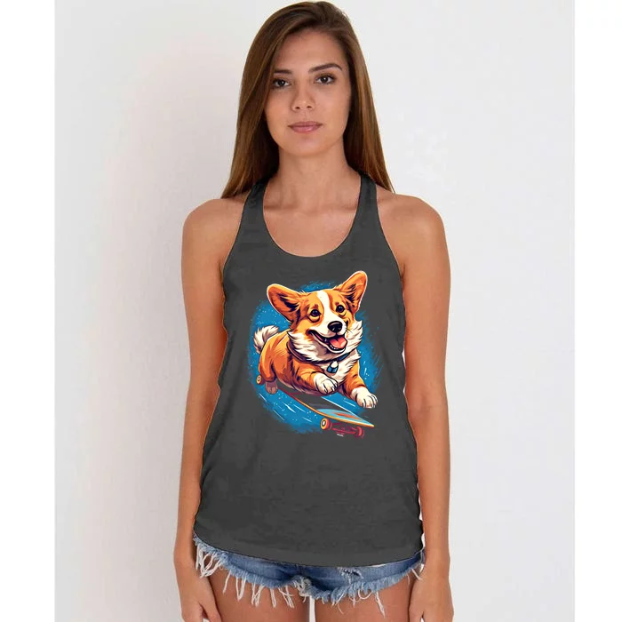 Retro Skateboarding Corgi Dog Skateboard Gift Women's Knotted Racerback Tank