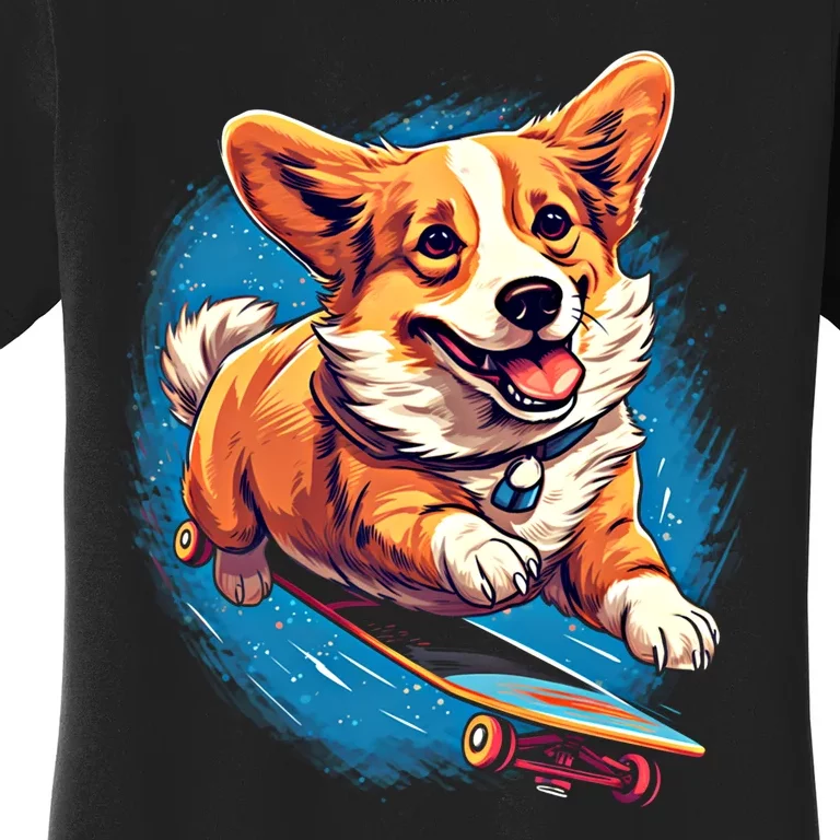 Retro Skateboarding Corgi Dog Skateboard Gift Women's T-Shirt