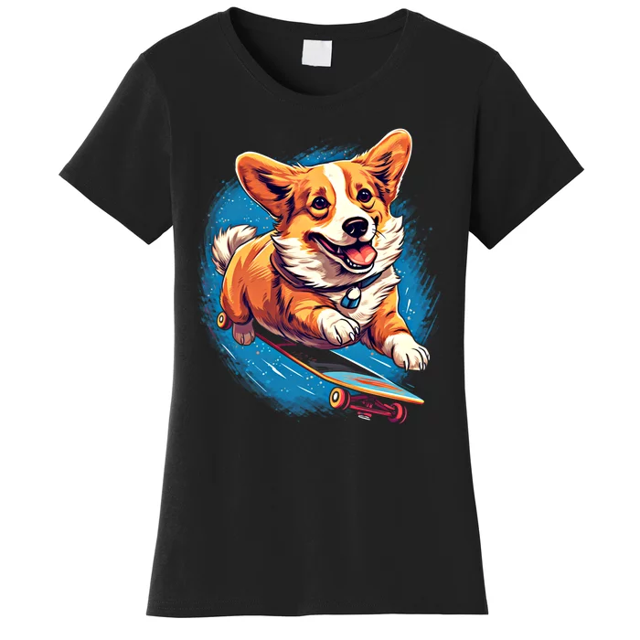 Retro Skateboarding Corgi Dog Skateboard Gift Women's T-Shirt