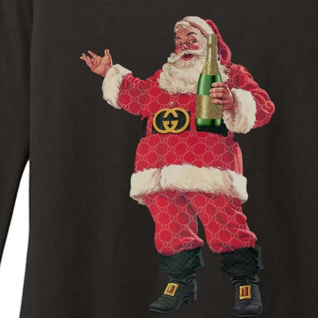 Retro Santa Claus Champagne Christmas Drinking Party Xmas Womens CVC Long Sleeve Shirt