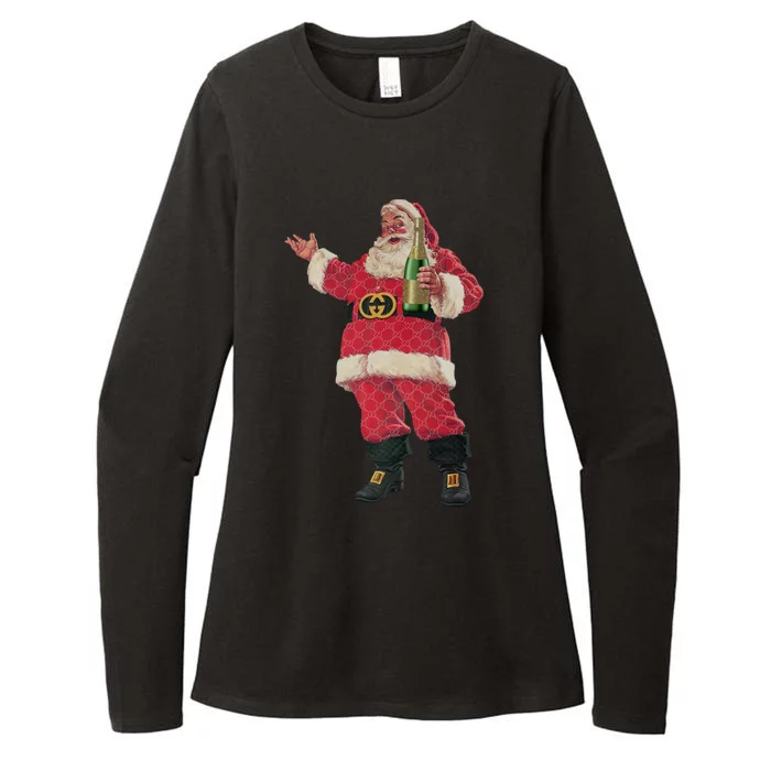 Retro Santa Claus Champagne Christmas Drinking Party Xmas Womens CVC Long Sleeve Shirt