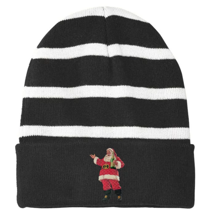 Retro Santa Claus Champagne Christmas Drinking Party Xmas Striped Beanie with Solid Band