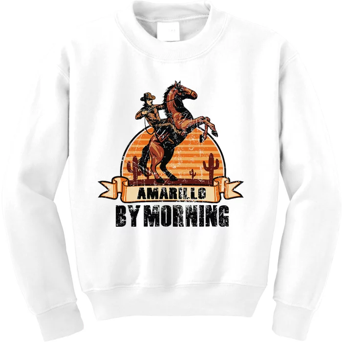 Retro Sunset Cowboy Amarillo By Morning Western Country Kids Sweatshirt