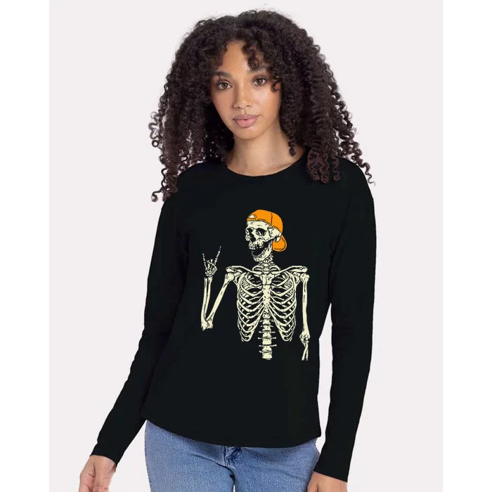 Rocker Skeleton Cap Skater Cool Halloween Punk Rock Womens Cotton Relaxed Long Sleeve T-Shirt