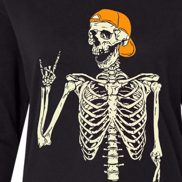 Rocker Skeleton Cap Skater Cool Halloween Punk Rock Womens Cotton Relaxed Long Sleeve T-Shirt