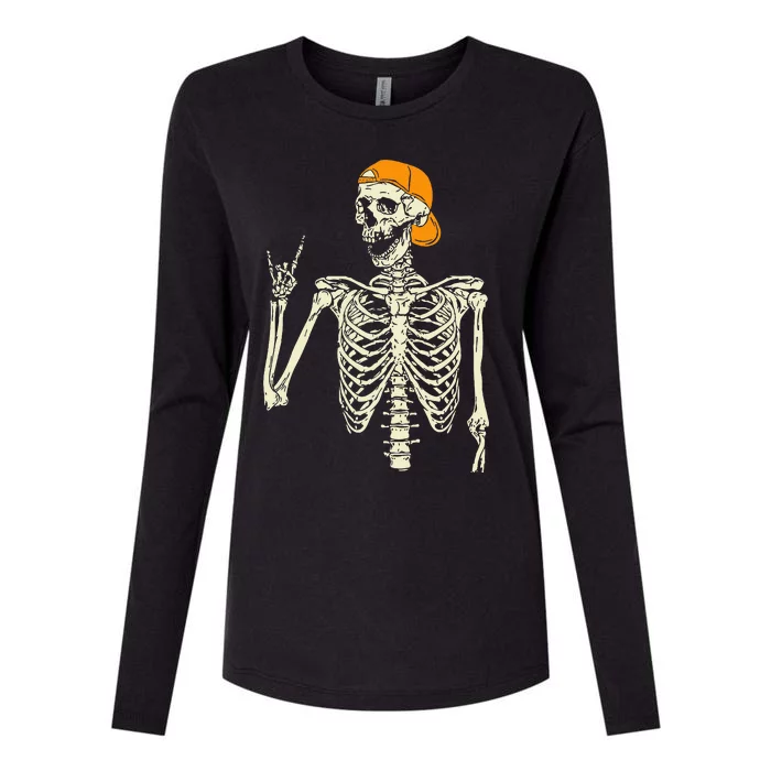 Rocker Skeleton Cap Skater Cool Halloween Punk Rock Womens Cotton Relaxed Long Sleeve T-Shirt