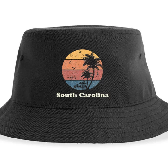 Retro South Carolina Vintage Sunset & Palm Trees Sustainable Bucket Hat