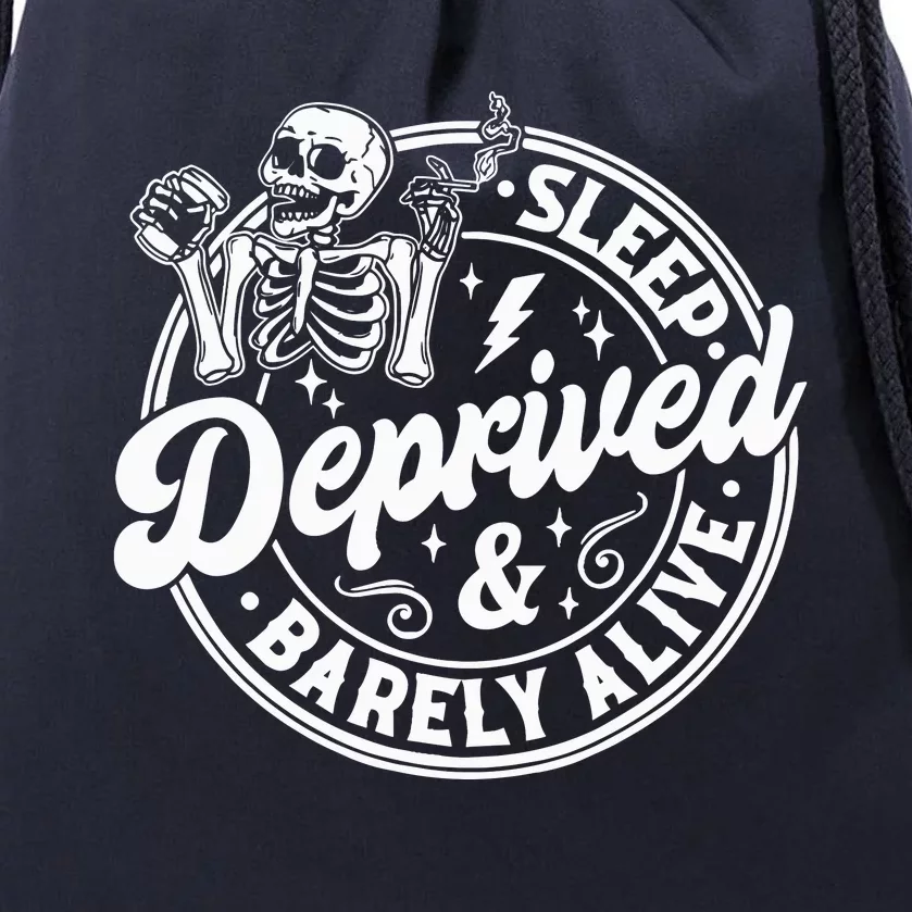 Retro Sleep Deprived Barely Alive Funny Skeleton Halloween Drawstring Bag