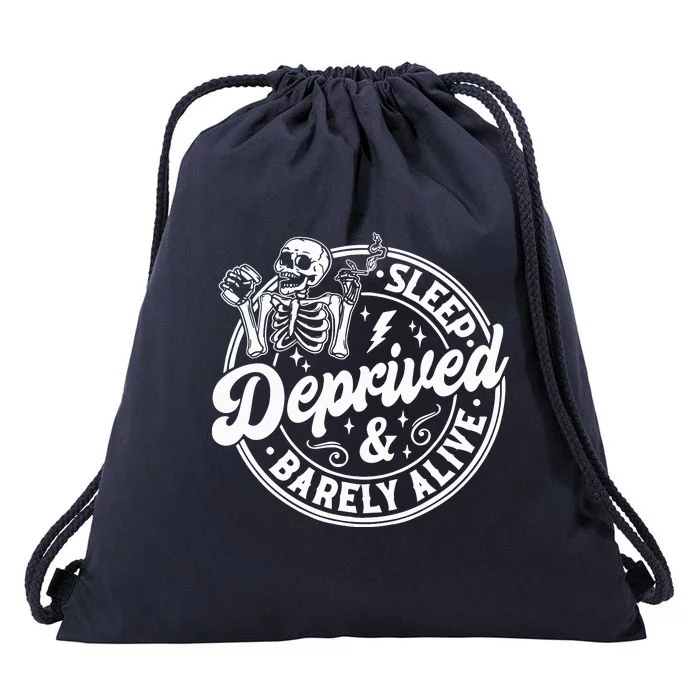 Retro Sleep Deprived Barely Alive Funny Skeleton Halloween Drawstring Bag