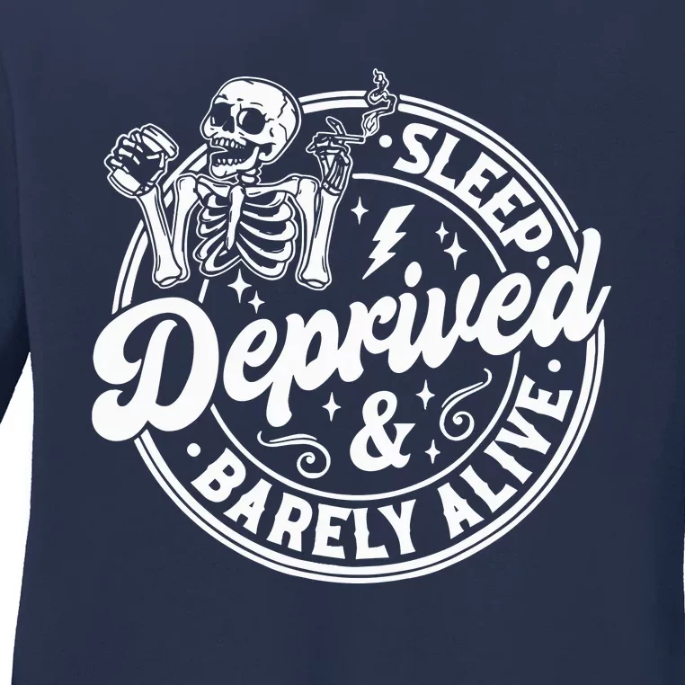 Retro Sleep Deprived Barely Alive Funny Skeleton Halloween Ladies Long Sleeve Shirt