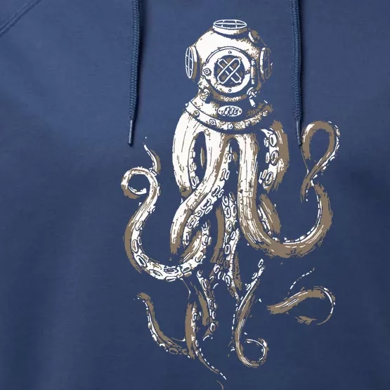 Retro SCUBA Diver Weird Octopus Design, Octopus Helmet Performance Fleece Hoodie