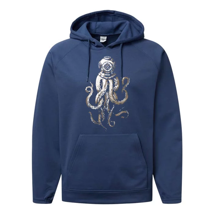 Retro SCUBA Diver Weird Octopus Design, Octopus Helmet Performance Fleece Hoodie