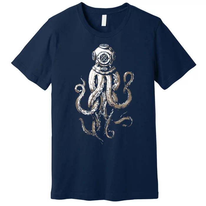 Retro SCUBA Diver Weird Octopus Design, Octopus Helmet Premium T-Shirt