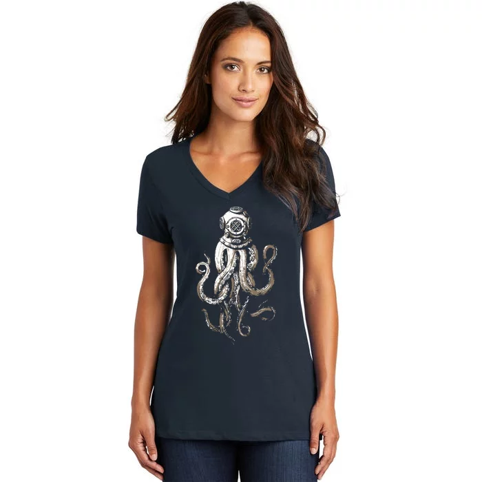 Retro SCUBA Diver Weird Octopus Design, Octopus Helmet Women's V-Neck T-Shirt