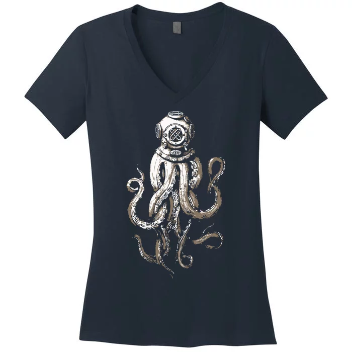 Retro SCUBA Diver Weird Octopus Design, Octopus Helmet Women's V-Neck T-Shirt