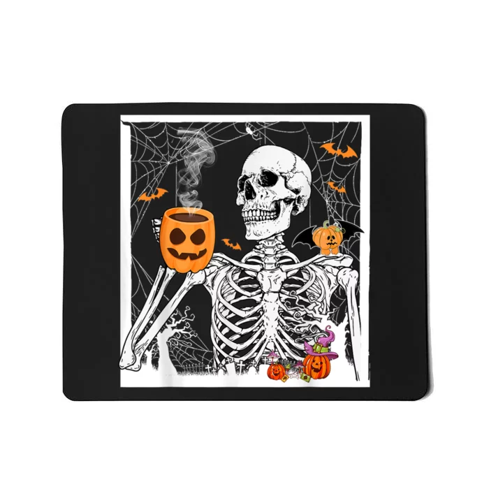 Retro Skeleton Drinking Coffee Jack Olantern Happy Halloween Mousepad