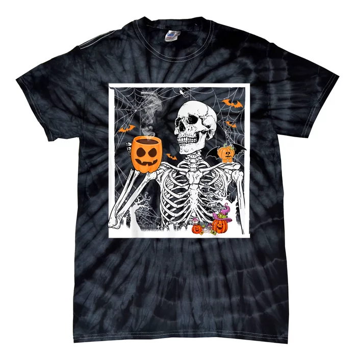 Retro Skeleton Drinking Coffee Jack Olantern Happy Halloween Tie-Dye T-Shirt