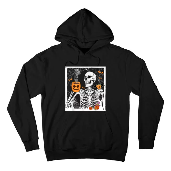 Retro Skeleton Drinking Coffee Jack Olantern Happy Halloween Tall Hoodie