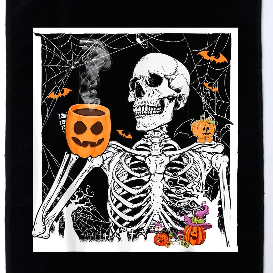 Retro Skeleton Drinking Coffee Jack Olantern Happy Halloween Platinum Collection Golf Towel