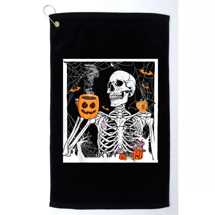 Retro Skeleton Drinking Coffee Jack Olantern Happy Halloween Platinum Collection Golf Towel