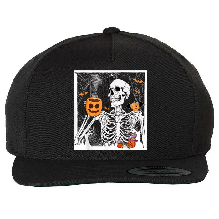 Retro Skeleton Drinking Coffee Jack Olantern Happy Halloween Wool Snapback Cap