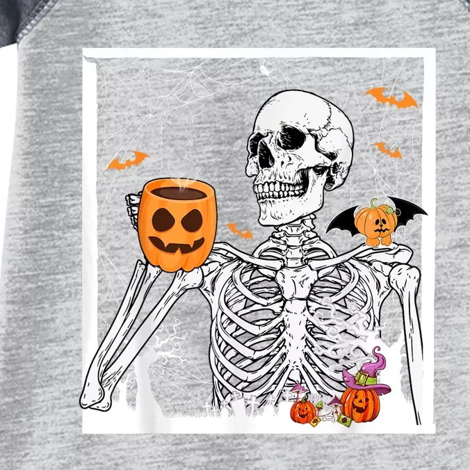 Retro Skeleton Drinking Coffee Jack Olantern Happy Halloween Infant Baby Jersey Bodysuit