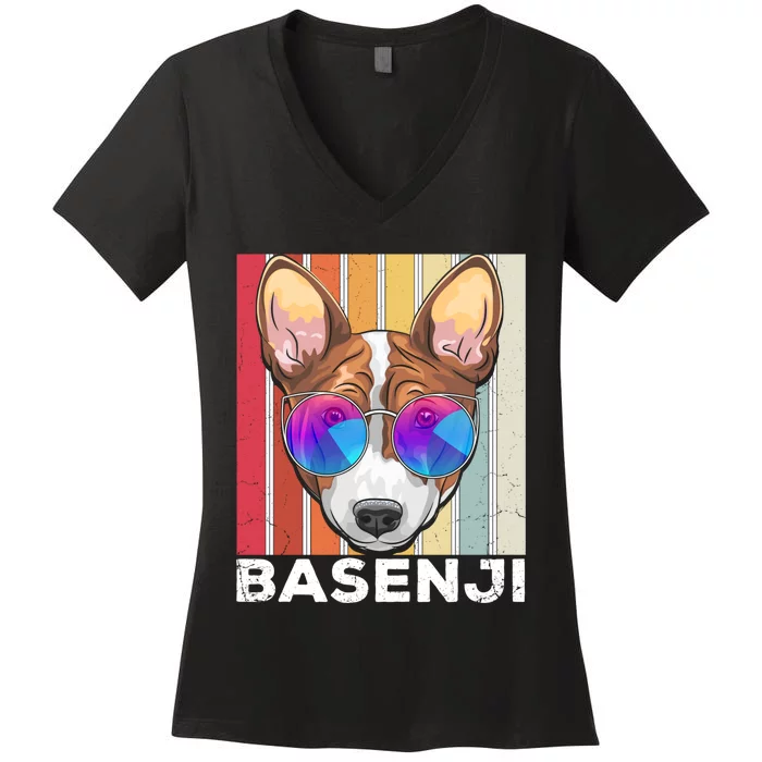 Retro Style Dog Lover Apparel Basenji With Sunglasses Gift Women's V-Neck T-Shirt