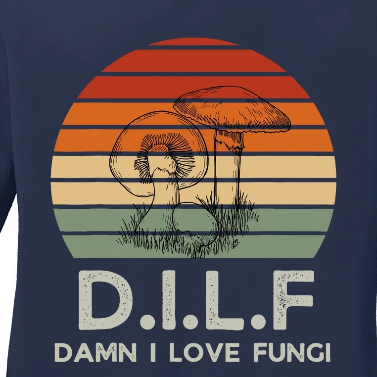 Retro Sun Dilf Damn I Love Fungi Mushrooms Mushroom Lover Ladies Long Sleeve Shirt