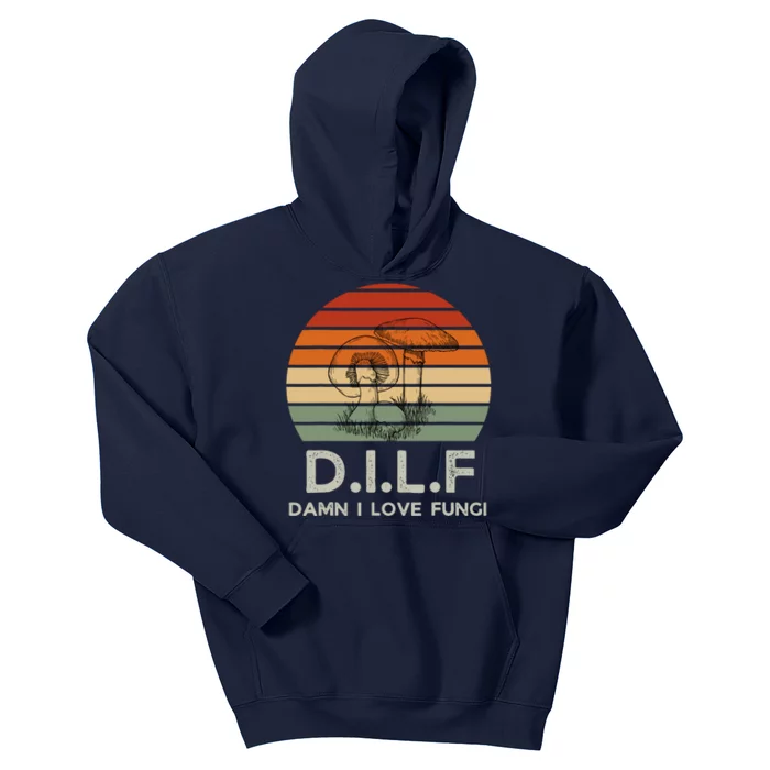 Retro Sun Dilf Damn I Love Fungi Mushrooms Mushroom Lover Kids Hoodie