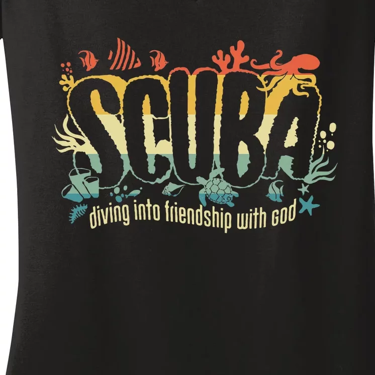 Retro Scuba Diving Into Friendship With God Vbs 2024 Women's V-Neck T-Shirt