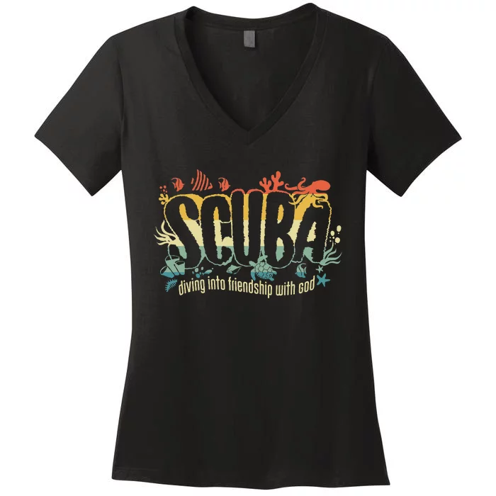 Retro Scuba Diving Into Friendship With God Vbs 2024 Women's V-Neck T-Shirt