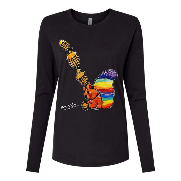 Rainbow Squirrel Drawing Womens Cotton Relaxed Long Sleeve T-Shirt