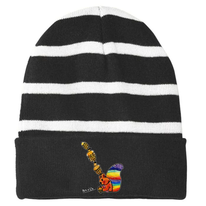 Rainbow Squirrel Drawing Striped Beanie with Solid Band