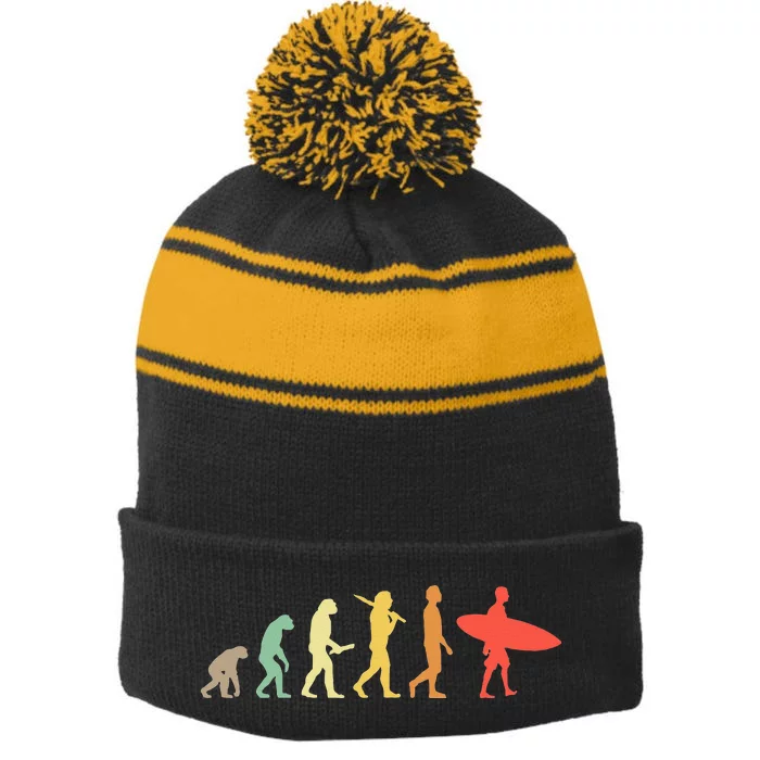 Retro Surfing Evolution Gift For Surfers Stripe Pom Pom Beanie